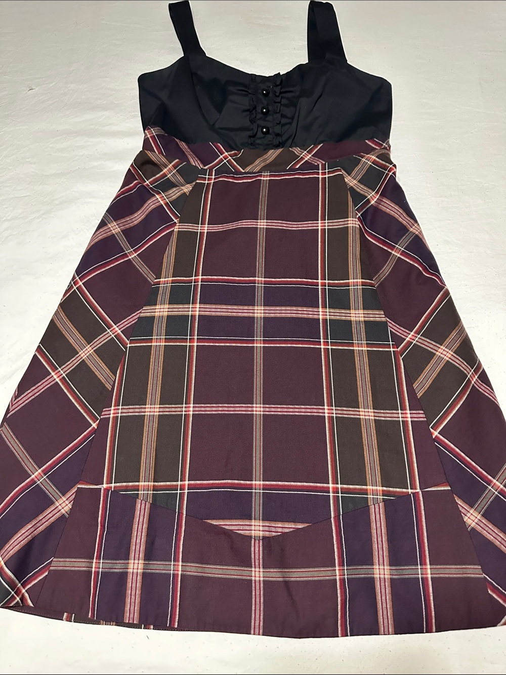 Maeve Burgundy Plaid Midi Dress with Black Bodice